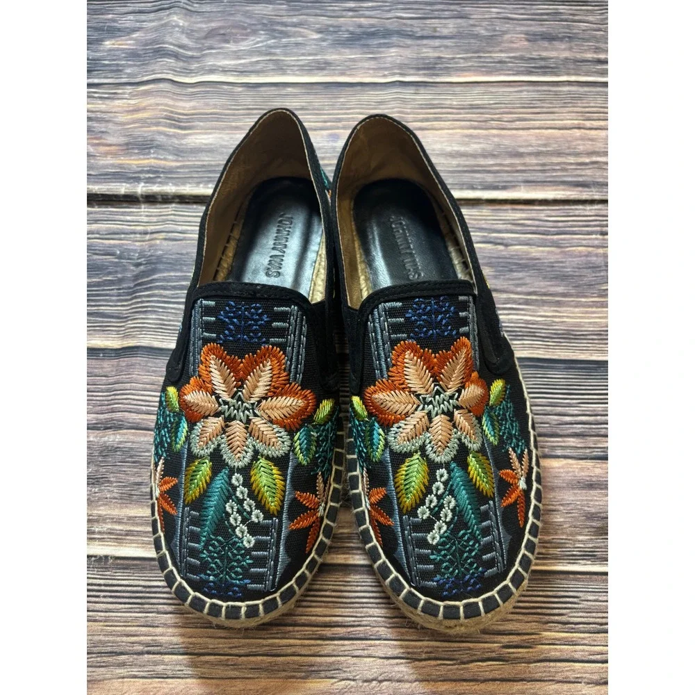 Johnny Was Espadrille Flats Womens EU 41 Black Embroidered Floral Canvas Slip On